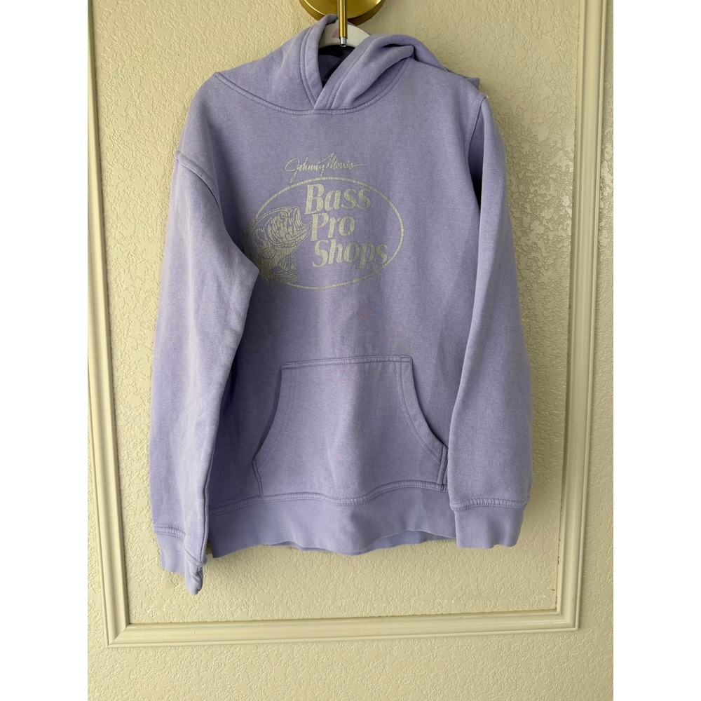 Bass Pro Shops Johnny Morris Kids Hoodie Lavender Purple Graphic Sweatshirt L